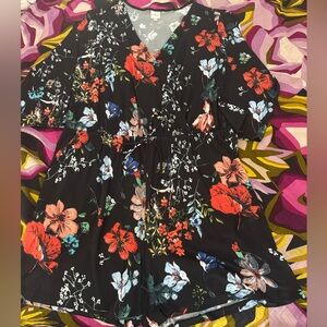 Floral V-Neck Romper - Red & Blue Blossom Print